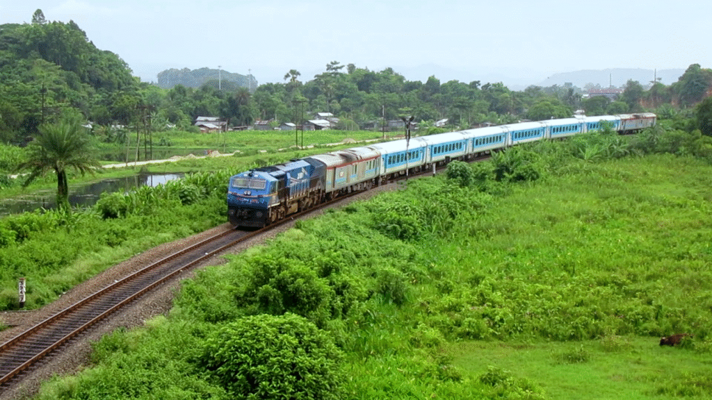 A train traveling through lush green countryside in India, with areas of forest and a river visible in the background.